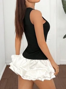 SHEIN EZwear 女式撞色拼布荷叶边下摆无袖迷你连衣裙 - 黑與白 - 查看 2