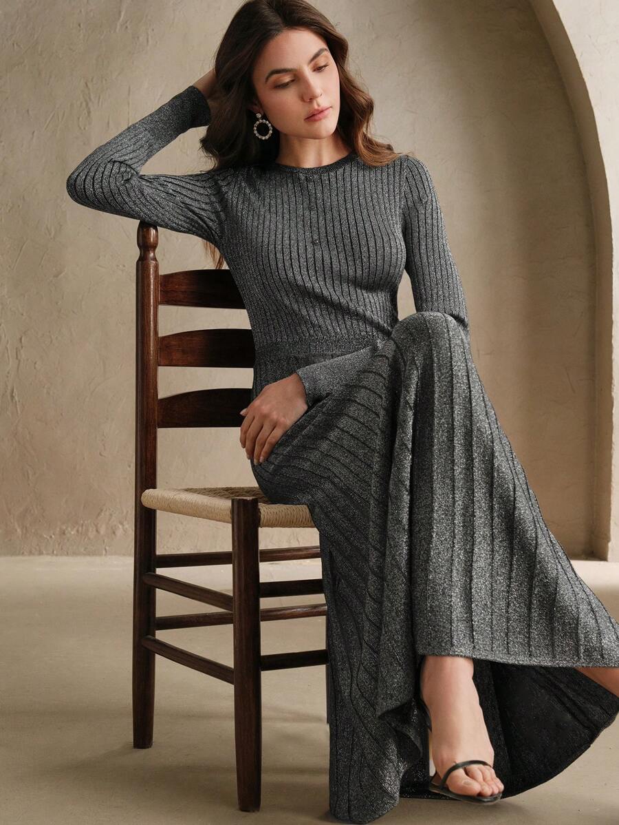 Anewsta Metallic Ribbed Knit Mermaid Dress, Long Sleeve - Black - View 1