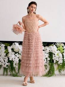 MOTF PREMIUM MESH LAYERED HEM TUBE DRESS - Pink - View 6