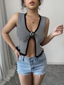 Chiquease Damen Gestricktes Crop Top, gestreifter Kontrastfarben sexy Blumen Muster Tank Top