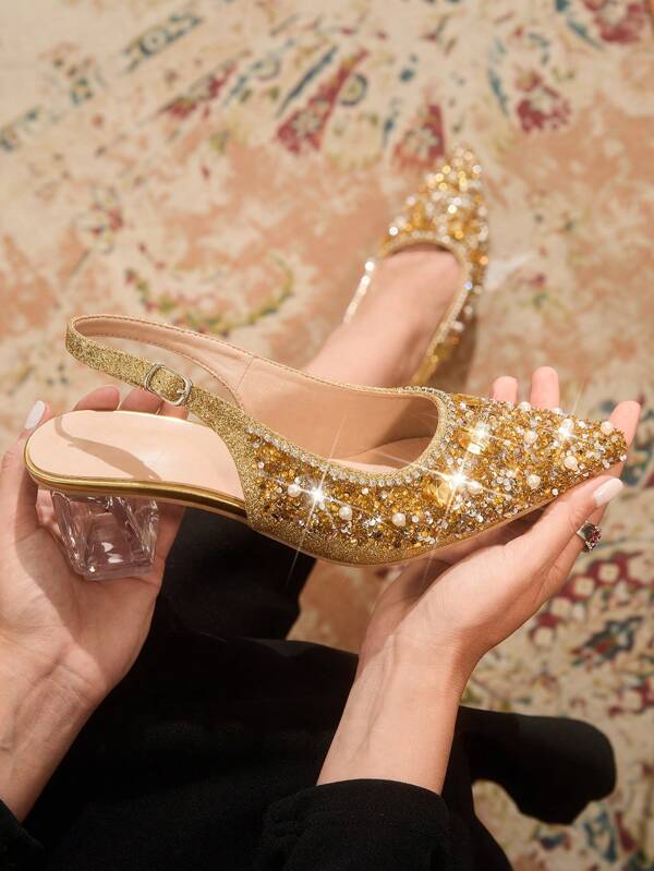 CUCCOO TILAWA Women's Pointed Toe Crystal Heel Hollow Out Rhinestone Shoes, Suitable For Outing, Banquet, Party And Other Occasions Spring Shoes Spring Break Easter Prom Heels