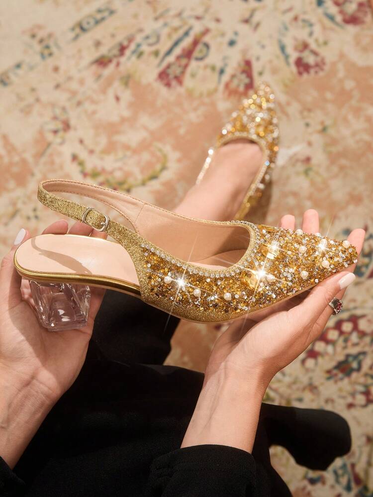 CUCCOO TILAWA Women's Pointed Toe Crystal Heel Hollow Out Rhinestone Shoes, Suitable For Outing, Banquet, Party And Other Occasions Spring Shoes Spring Break Easter Prom Heels For Christmas