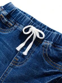 SHEIN 男婴春夏休闲柔软猫须水洗紧身蓝色牛仔工装裤带侧袋，婴儿春夏装春假装街头装 - 深色水洗藍 - 查看 3