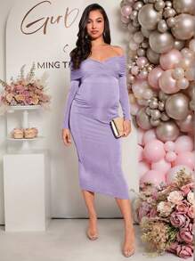 Loomaby Off Shoulder Bodycon Dress, Asymmetrical Neckline Ruched Maternity Dress, Solid Color Dress Suitable For Party, Wedding
