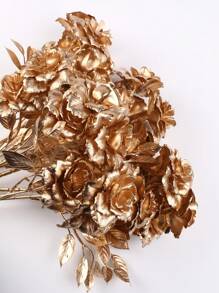 1pc/2pcs/3pcs 60cm Plastic Gold Plated Artificial Branched Rose Flower, Fake Flower