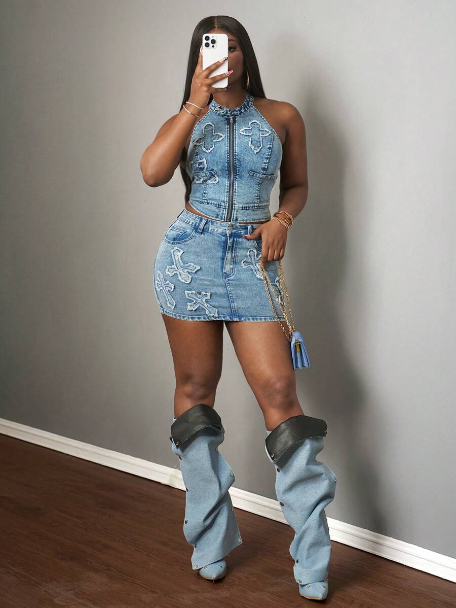 Slaydiva Nueva mini falda vaquera azul claro de mujer con costuras cruzadas, parches y bordados, para el estilo casual de primavera y verano - Azul - Ver 1