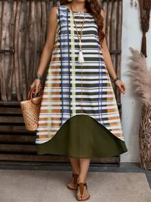 EMERY ROSE Plus Size Women Striped Round Neck Sleeveless Casual Dress - Multicolor - View 1
