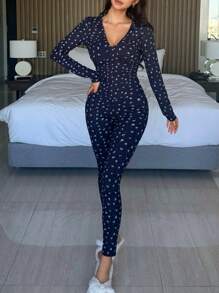 DAZY 女士碎花V领长袖上衣和裤子修身睡衣套装，秋冬服装 - 藏蓝色 - 查看 4