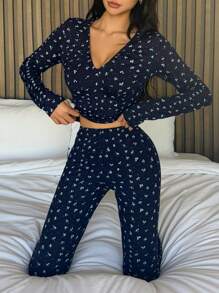 DAZY 女士碎花V领长袖上衣和裤子修身睡衣套装，秋冬服装 - 藏蓝色 - 查看 6