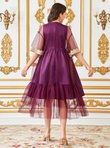 SHEIN Teen Girl Loose Lovely Round Neck Geometric Pattern Coat And Dress 2 Pieces Set - Purple - View 2