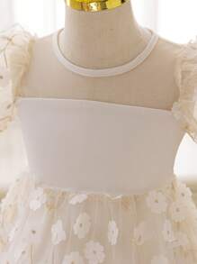 SHEIN Glamorique Kids Young Girl Embroidered 3D Floral Bubble Sleeves Summer Party Dress, Suitable For Daily, Party And Wedding, Showcasing The Noble, Glamorous And Essence Of Little Girls,For Spring Break,Easter - Apricot - View 7