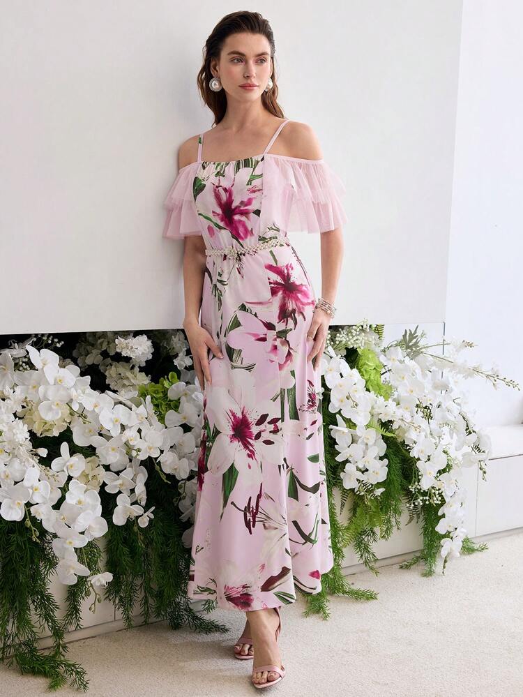 FLORAL PRINT RUFFLE TRIM DRESS