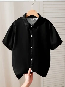 SHEIN Boys' Oversized Black Collared Shirt With Letter Print Design On Back