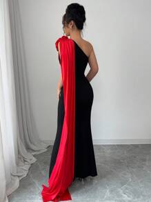 Rafferiza 女士黑色优雅淑女拼布缎面分层红色花朵长裙 - 黑色 - 查看 2