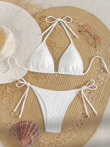 SHEIN Swim 游泳夏季海滩度假服装女士提花比基尼套装 - 白色 - 查看 1