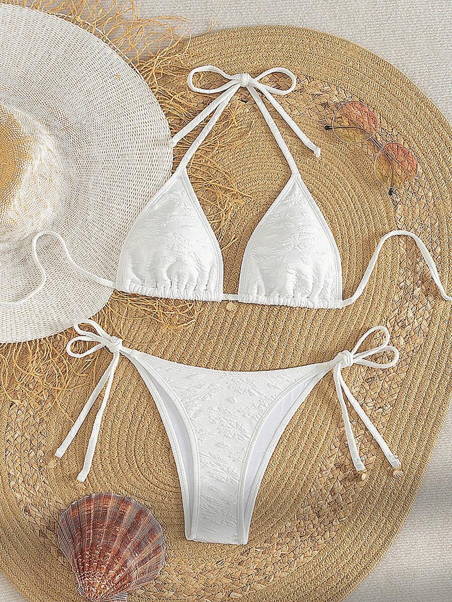 SHEIN Swim 游泳夏季海滩度假服装女士提花比基尼套装 - 白色 - 查看 1