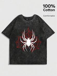 Flirla Plus Size Casual Washed Spider Print Short Sleeve T-Shirt - Black - View 1
