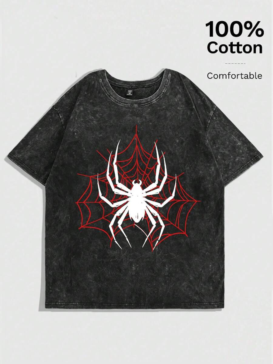 Flirla Plus Size Casual Washed Spider Print Short Sleeve T-Shirt - Black - View 1