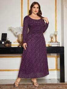 Modelyn Elegant Jacquard Knit Long Sleeve Slim-Fit Plus Size Midi Dress, Spring & Autumn Fall Cloth For Women