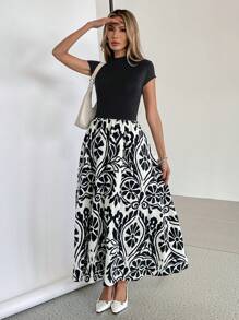 SHEIN Essnce Đầm dài thường ngày in hoa chắp vá cho nữ tay ngắn - màu đen - Xem 1