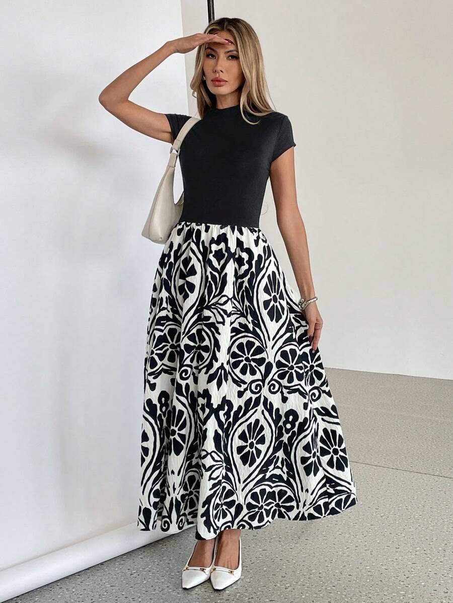 SHEIN Essnce Đầm dài thường ngày in hoa chắp vá cho nữ tay ngắn - màu đen - Xem 1