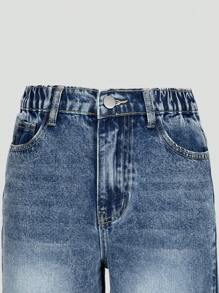 SHEIN Tween Girls Y2K Style All-Match Versatile New Mid-Blue Elastic Waist Zipper Fly Classic Loose Fit Washed Denim Jeans - Medium Wash - View 3