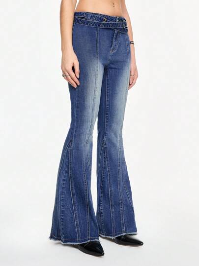 Grunge Punk Jeans vintage et délavés, taille basse, jambes évasées, bleu