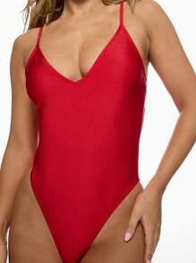 MISSGUIDED Plunge V领一件式泳衣高帮大腿巴西风格意大利面条背带Monokini泳衣夏季海滩度假游泳装 - 紅色 - 查看 4