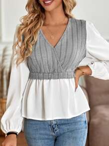 SHEIN Frenchy Women's Autumn Crossover V-Neck Long Sleeve Layered Ruffle Hem Fashionable Top - Grey - View 3