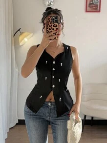 SHEIN Unity 女士优雅珍珠纽扣不对称下摆衬衫 - 黑色 - 查看 3