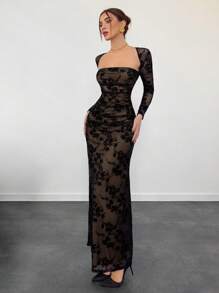 Aloruh 女士新款秋冬万圣节天鹅绒提花镂空网眼浪漫约会度假长袖蕾丝荷叶边下摆紧身连衣裙 - 黑色 - 查看 7