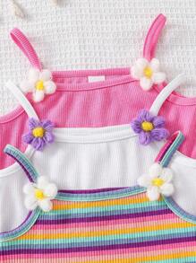 SHEIN 3 件套少女纯色针织休闲吊带背心套装 - 彩色 - 查看 4