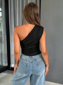 Siren Gaze 纯色不对称肩上衣 - 黑色 - 查看 2