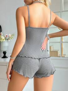 Letter & Eyelash Print Flounce Hem Camisole And Shorts Sleepwear Set - Grey - View 2