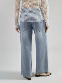 Ontre 2026 Spring/Summer Women's Light Blue Washed Denim Jeans, Designed With Split Lines, Wide-Leg Jeans, Fashion Versatile, Casual Commute, Urban Chic, Minimalist Elegant, Women's Pants, Spring/Summer Outfit, Vacation, Date, Holiday Attire, Asymmetric Waist Women's Fashionable Denim Jeans - Light Wash - View 6