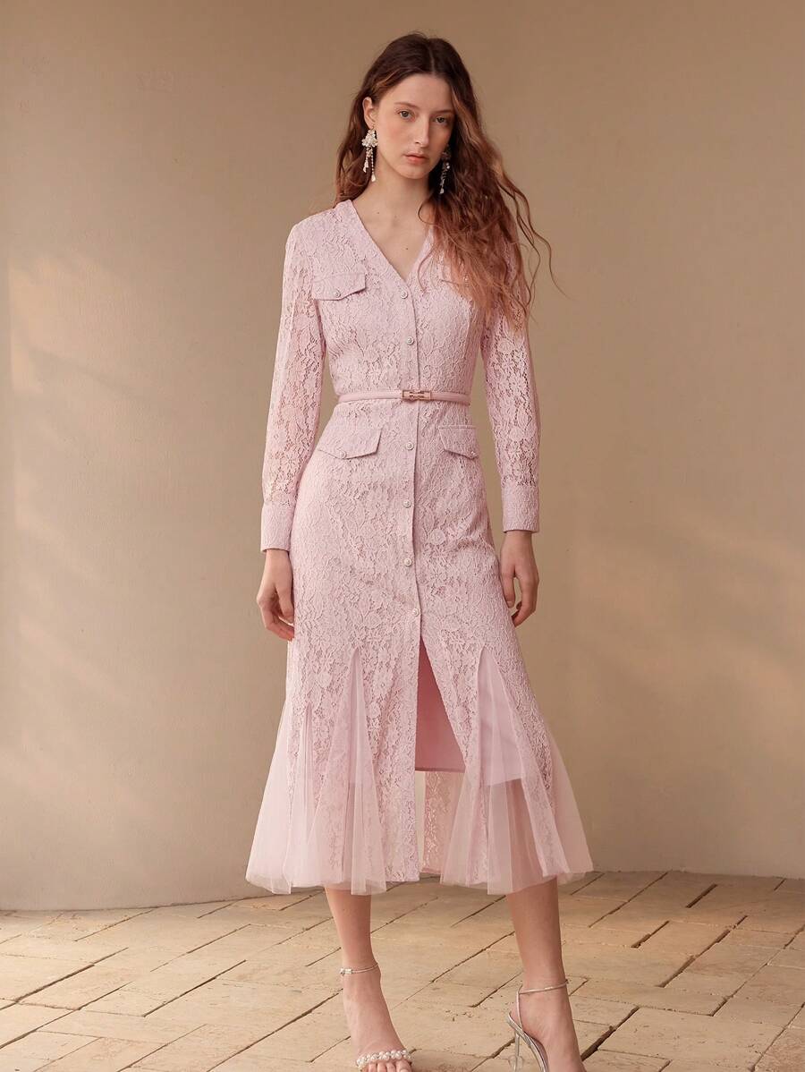 MOTF PREMIUM VESTIDO CORTE SESGADO DE CONTRASTE DE ENCAJE Y MALLA - Rosa - Ver 1
