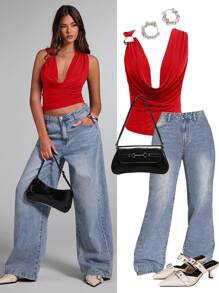 SHEIN BAE Top de punto sin espalda con cuello envolvente y detalles decorativos de metal en color borgoña sólido, adecuada para citas, noches de chicas, fiestas de cumpleaños, fiestas de cócteles, San Valentín, clubes nocturnos, fiestas navideñas, top sexy