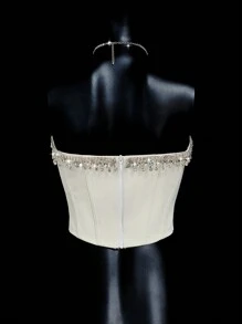 SHEIN ICON 欧根纱蝴蝶结挂脖露背仿珍珠装饰无袖上衣，优雅宫廷风格 - 白色 - 查看 2