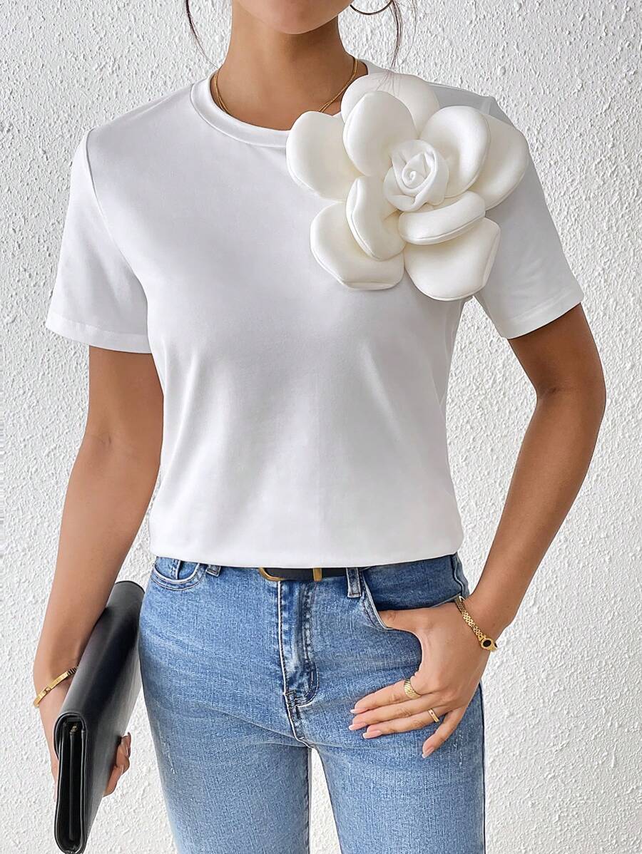 Chiquease Women's Solid Color Crew Neck 3D Flower Short Sleeve T-Shirt, Versatile For Spring & Summer - White - View 1