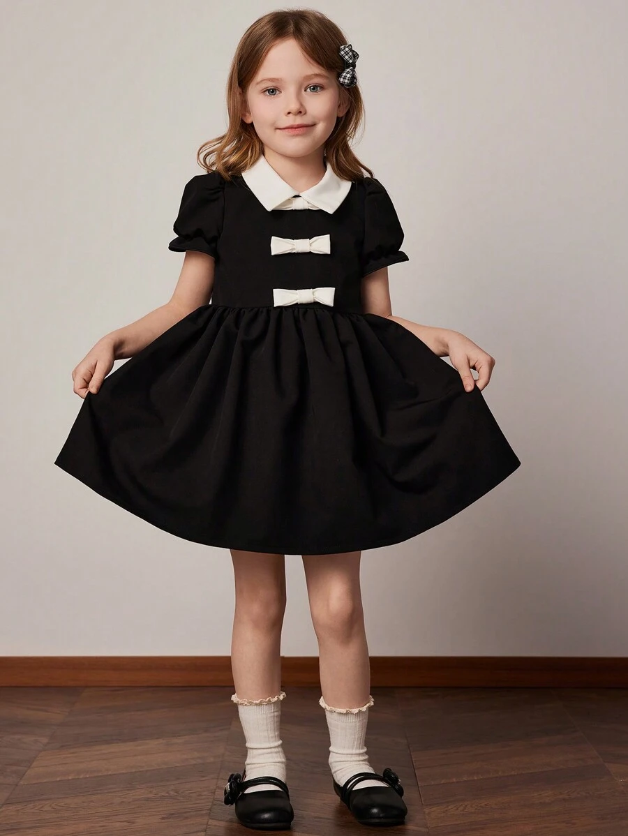 PrepCrw Young Girls' College Style Color-Blocking White Collar Bowknot Chiffon Dress, Spring/Summer - Black and White - View 1