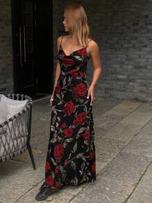 DAZY 女士盛开的花卉玫瑰印花吊带裙，夏季假日度假长裙巡航女士服装太阳裙 - 黑色 - 查看 3