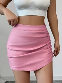 Zolique Falda mini ajustada de pliegues en color borgoña, con bajo asimétrico, elegante y sexy, adecuada para uso diario, citas, discoteca, Navidad, San Valentín y Año Nuevo