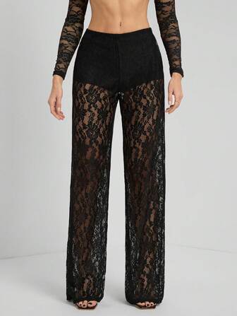 SHEIN Tall Enfärgad spets, skira långa byxor för kvinnor