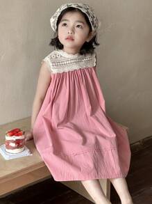 Dazy Kids Young Girl Contrast Lace Sleeveless Round Neck Dress - Pink - View 1
