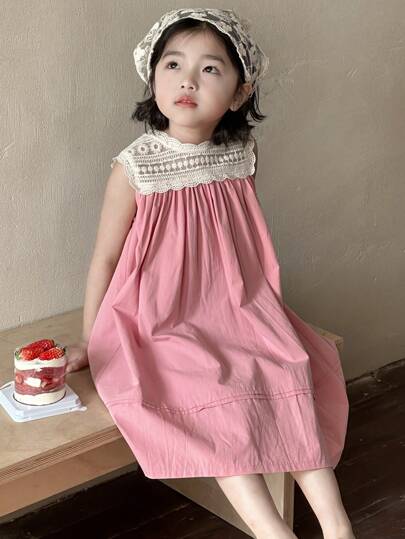 Dazy Kids Young Girl Contrast Lace Sleeveless Round Neck Dress