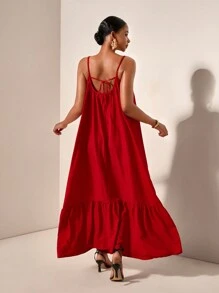 Zivah Vacation Red  Loose Fit Spaghetti Strap Smocked Ruffle Hem Backless Cami  Long Dress