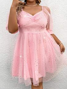 SHEIN CURVE+ Plus Size Sweetheart Neck Cinched Waist A-Line Mesh Dress, Suitable For Valentine's Day - Pink - View 5