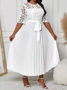 Fleurora Vestido informal de talla grande para vacaciones con unicolor, empalmado con encaje, cintura imperio, bajo plisado para verano, ropa y vestidos de mujer para otoño - Blanco - Ver 8