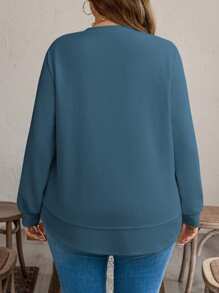 SHEIN LUNE Felpa di colore unito minimal per donna taglie comode, a maniche lunghe, adatta per uso quotidiano, essenziale per vacanze e casual d' - blu polveroso - Visualizzare 2