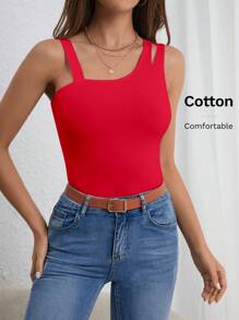 SHEIN Essnce Solid Asymmetrical Neck Cut Out Shoulder Top - Red - View 6